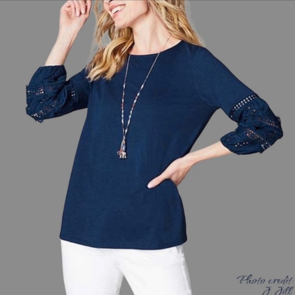 J.JILL Cobalt Knit Top Broderie Lace Sleeves L
